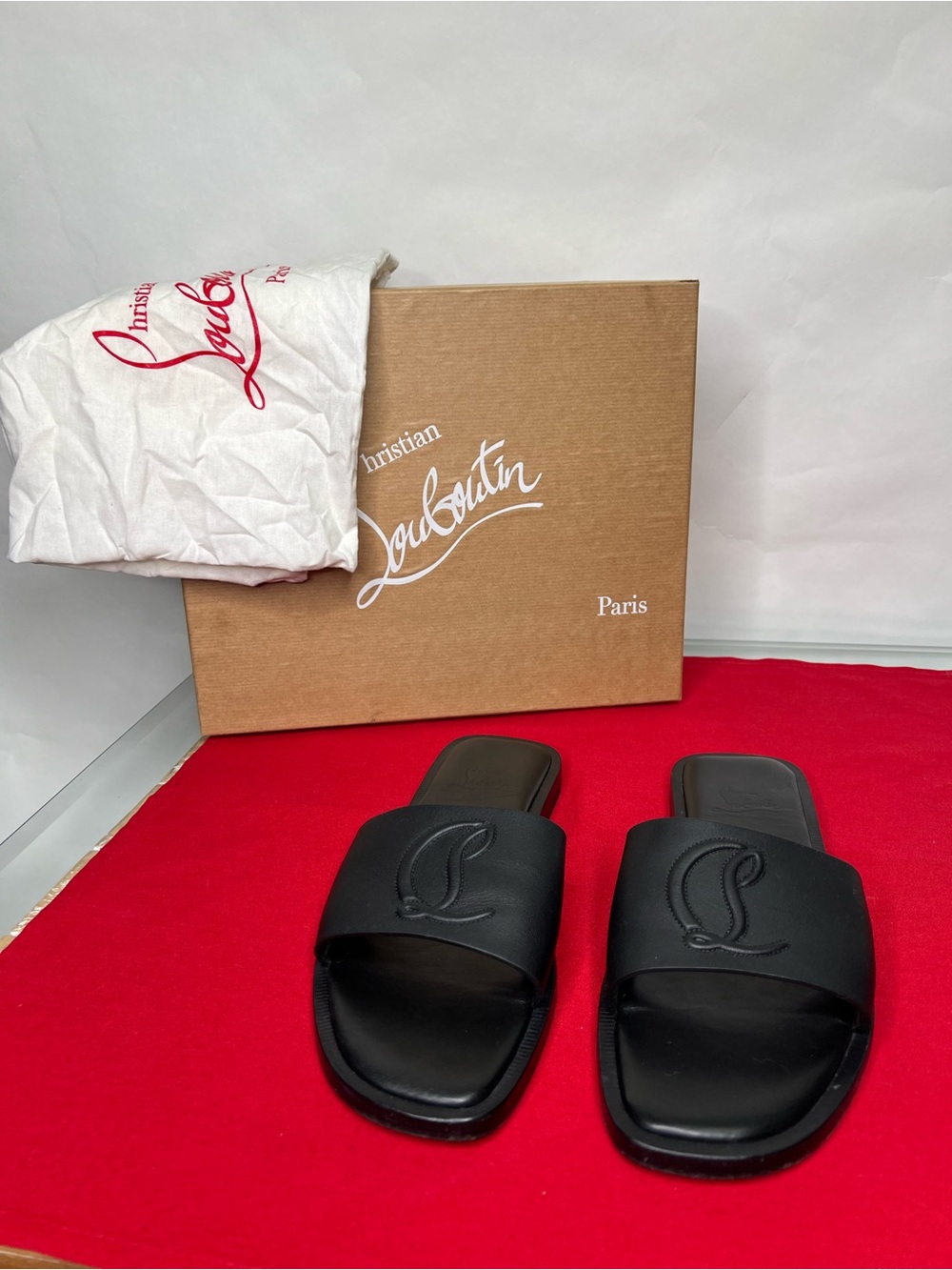 Christian Louboutin CL Mule Flat Black Leather Logo Slide Slip On Sandal 39 1/2